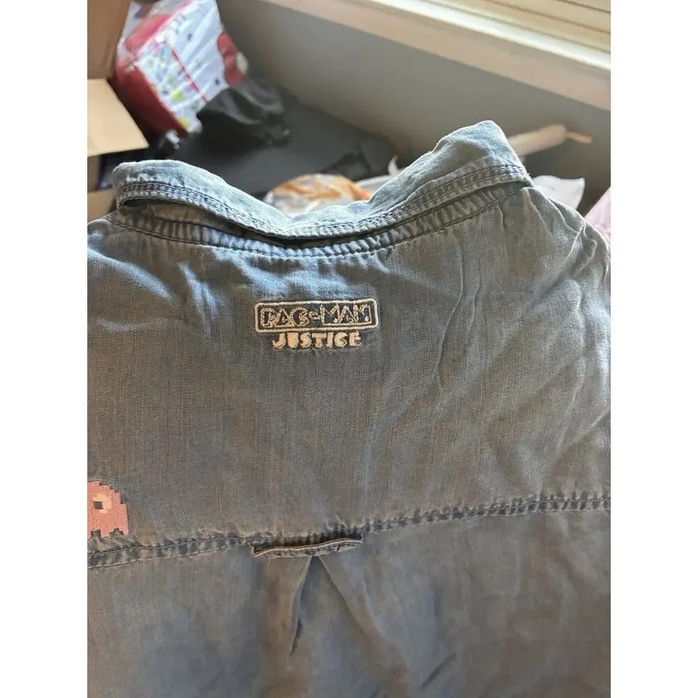 Justice Girls Pacman Denim Shirt Snap Closure Short Sleeve Size XS Blue